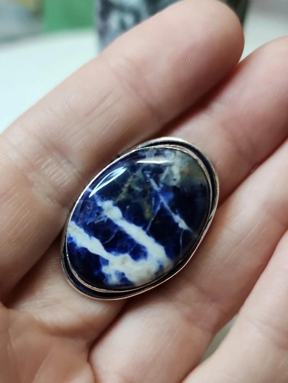 Blue and White Sodalite Oval Stone Ring - Women's Jewelry